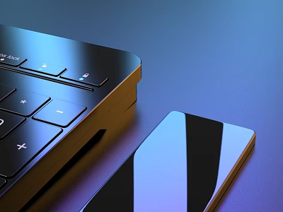 Modern Laptop Keyboard Design With Sleek Smartphone Display On Blue Tech Surface 3d model