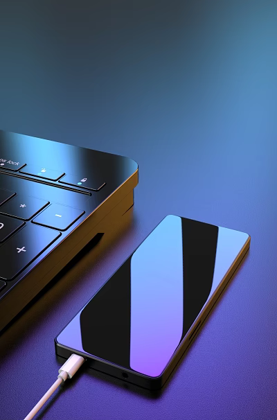 Modern Laptop Keyboard Design With Sleek Smartphone Display On Blue Tech Surface 3d model