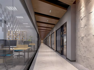 Modern Office Corridor Interior With Glass Partitions Wooden Ceiling And Marble Flooring 3d model