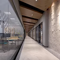 Modern Office Corridor Interior With Glass Partitions Wooden Ceiling And Marble Flooring