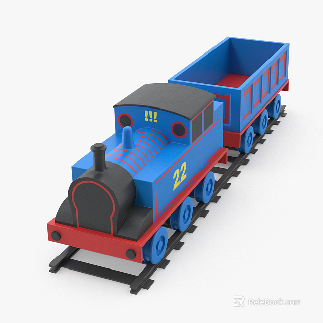 Blue Electric Toy Train With Black Roof Red Base And Number 22 On Tracks 3d model 