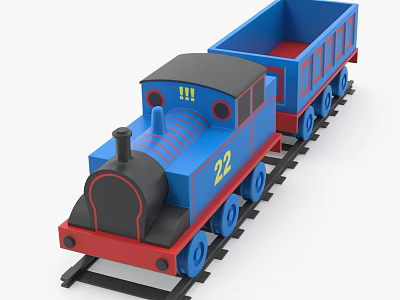 Blue Electric Toy Train With Black Roof Red Base And Number 22 On Tracks 3d model
