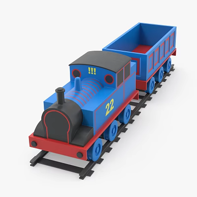 Blue Electric Toy Train With Black Roof Red Base And Number 22 On Tracks 3d model