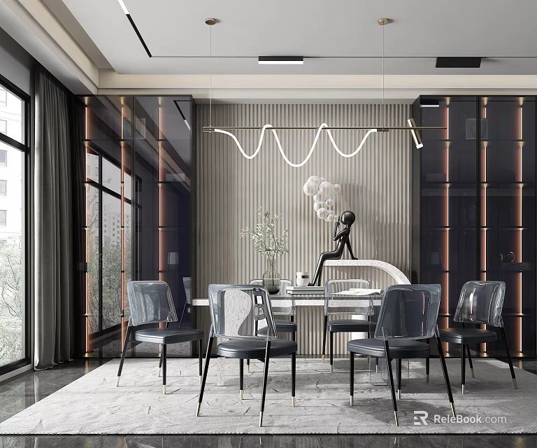 Modern Restaurant Interior With Elegant Dining Table Chairs Pendant Light And Wall Decor 3d model