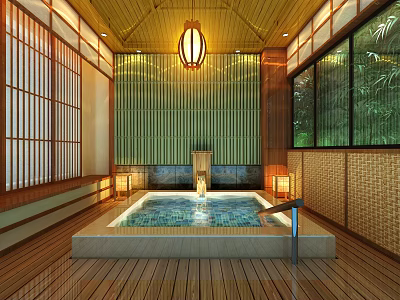 Japanese Style SPA Sauna Room With Wooden Flooring Hot Spring Pool And Bamboo Screens 3d model