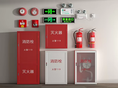 Comprehensive Fire Equipment Display Featuring Fire Extinguishers Hydrant Cabinets Emergency Exit Lights And Alarm Devices 3d model