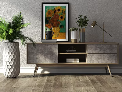 Modern TV Stand With Wooden Finish Drawers Sunflower Painting And Green Plant Decor 3d model