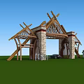 Traditional Wooden Entrance Gate With Stone Pillars And Unique Roof Design On Green Lawn