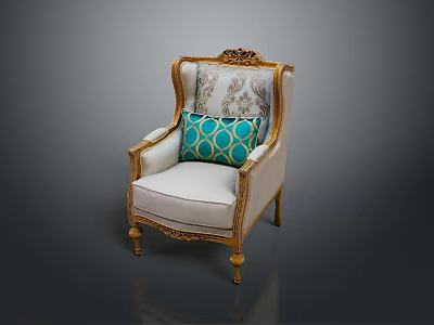 Elegant European Style Armchair With Golden Carvings Light Cushion And Turquoise Geometric Pillow 3d model