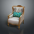 Elegant European Style Armchair With Golden Carvings Light Cushion And Turquoise Geometric Pillow