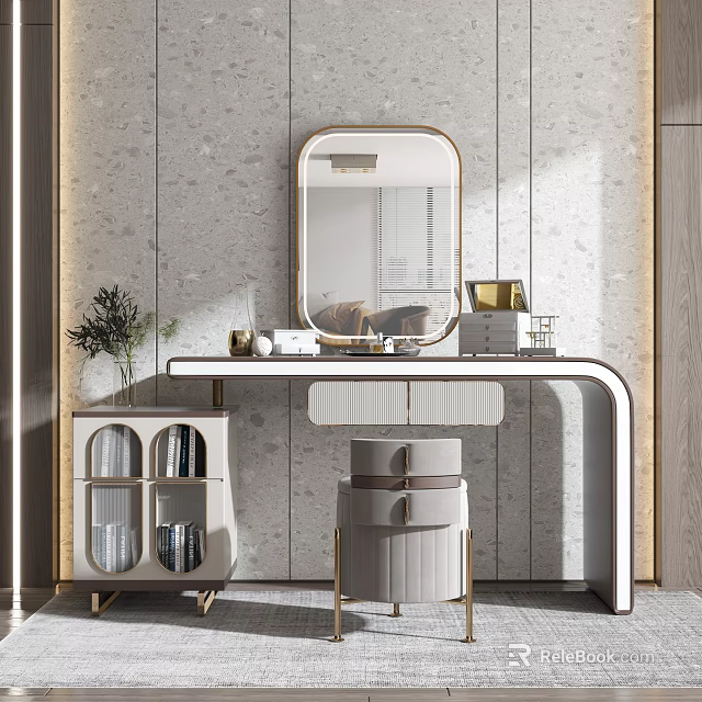 Modern Dressing Table with Gold Frame Mirror Padded Stool and Marble Wall Decor 3d model 
