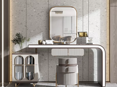 Modern Dressing Table with Gold Frame Mirror Padded Stool and Marble Wall Decor 3d model