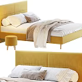 Cozy Single Bed with Yellow Velvet Headboard White Sheets Gray Blanket and Small Stool