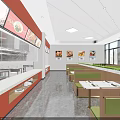 Modern Restaurant Interior With Green Booth Seats White Dining Tables And Open Kitchen 3d model