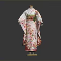 Traditional Japanese Kimono With Colorful Floral Pattern And Green Obi On Wooden Mannequin
