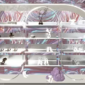 Purple Themed Specialty Store Interior With White Dolls Display Shelves And Decorative Plants