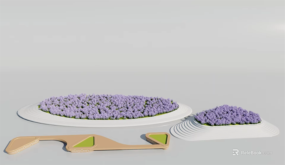 Modern Tree Planter Design With Purple Flowers In White Structure And Wooden Green Triangular Elements 3d model