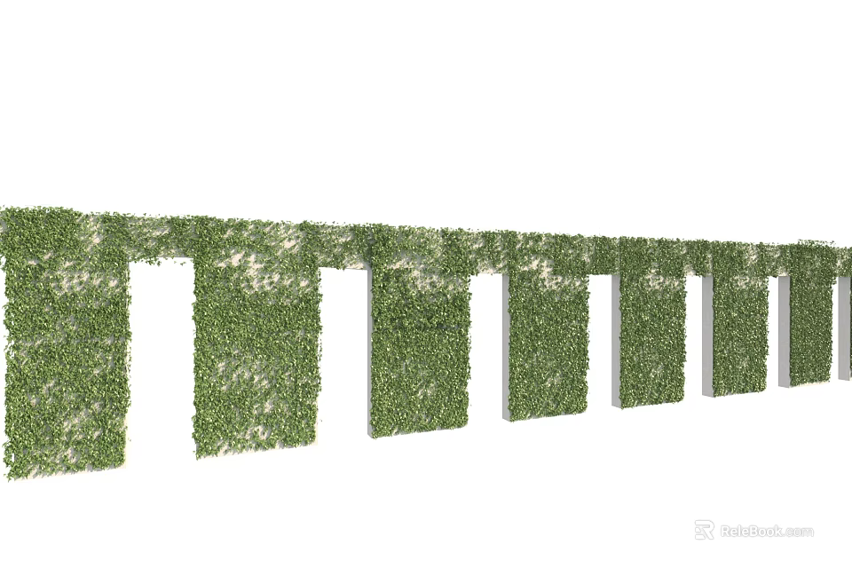 Lush Green Vine Wall Featuring Vertical Plant Sections Separated By White Columns 3d model