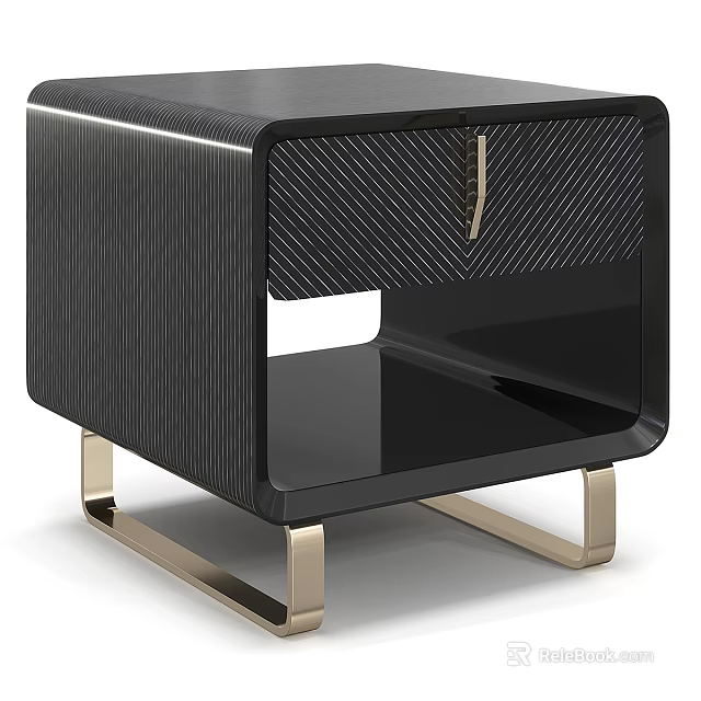 Modern Black Nightstand with Textured Front Drawer and Golden Metal Legs 3d model 