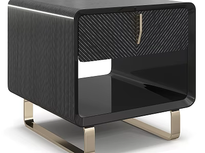 Modern Black Nightstand with Textured Front Drawer and Golden Metal Legs 3d model