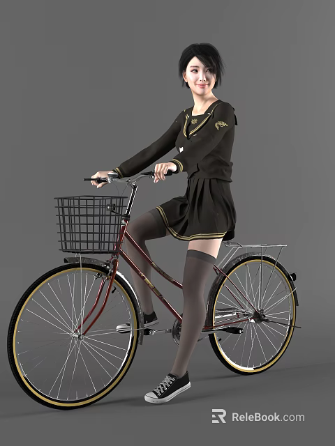 Woman in Black Sailor Style Uniform Riding Bicycle with Front Basket 3d model 