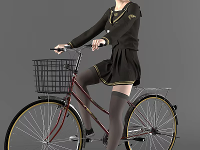 Woman in Black Sailor Style Uniform Riding Bicycle with Front Basket 3d model