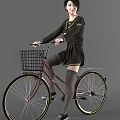 Woman in Black Sailor Style Uniform Riding Bicycle with Front Basket