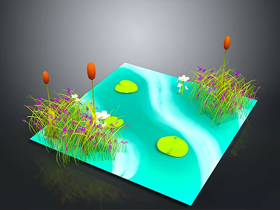 Water Pond Scene With Green Lily Pads Purple White Flowers And Orange Reeds 3d model