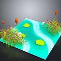 Water Pond Scene With Green Lily Pads Purple White Flowers And Orange Reeds
