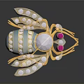 Bee Shaped Decorative Brooch With Blue Pink Gemstones And Golden Metal