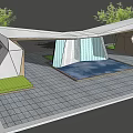 Modern Entrance Gate Design With Geometric Structure Water Feature And Green Plants