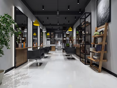 Modern Beauty Hair Salon Interior Design With Styling Chairs Mirrors Shelves And Green Plants 3d model