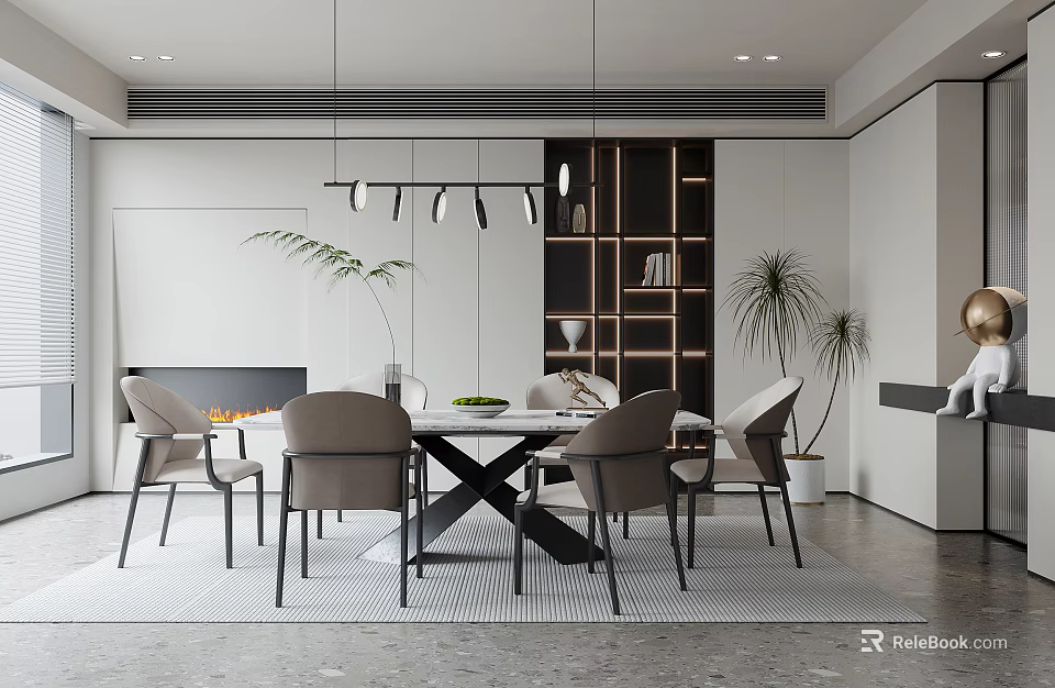 Modern Restaurant Interior Design With Open Layout Dining Table Chairs And Pendant Lights 3d model