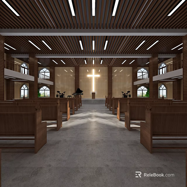 Religious Church Interior With Wooden Pews Cross High Ceiling And Windows 3d model 