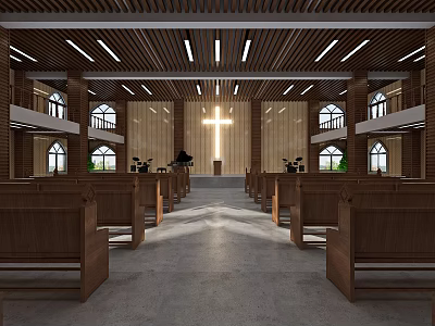 Religious Church Interior With Wooden Pews Cross High Ceiling And Windows 3d model