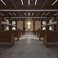 Religious Church Interior With Wooden Pews Cross High Ceiling And Windows