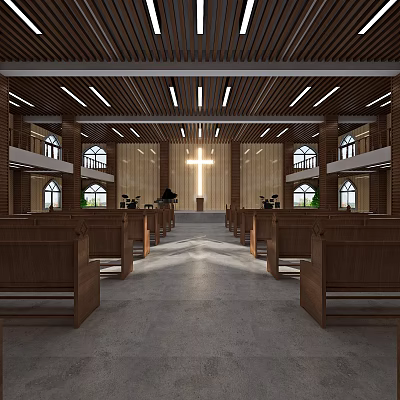 Religious Church Interior With Wooden Pews Cross High Ceiling And Windows 3d model