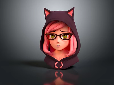 Anime Girl Character With Pink Hair Cat Ears Hoodie And Glasses In 3D Design 3d model