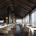 Elegant Modern Restaurant Interior With Spiral Wine Rack Pendant Lights Dining Tables And Sea View