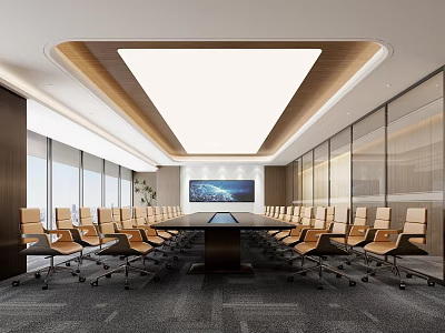 Modern Conference Room Interior With Long Meeting Table Leather Chairs Digital Screen And Large Windows 3d model