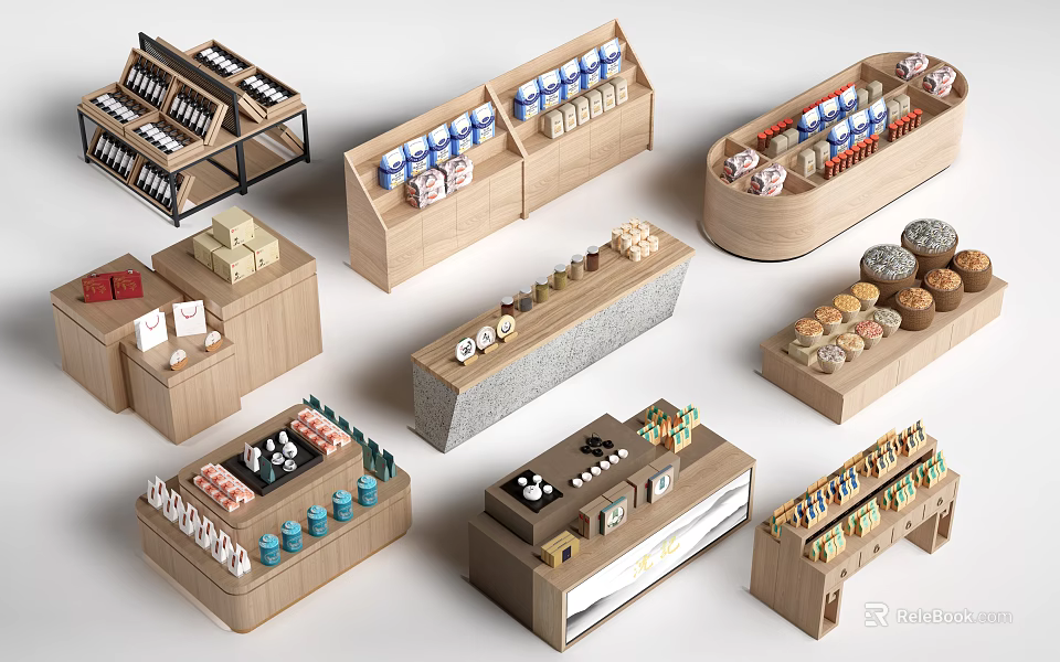 Stylish Wooden Display Shelves In Various Designs With Multi Tiers For Product 3d model 