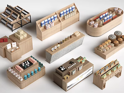 Stylish Wooden Display Shelves In Various Designs With Multi Tiers For Product 3d model