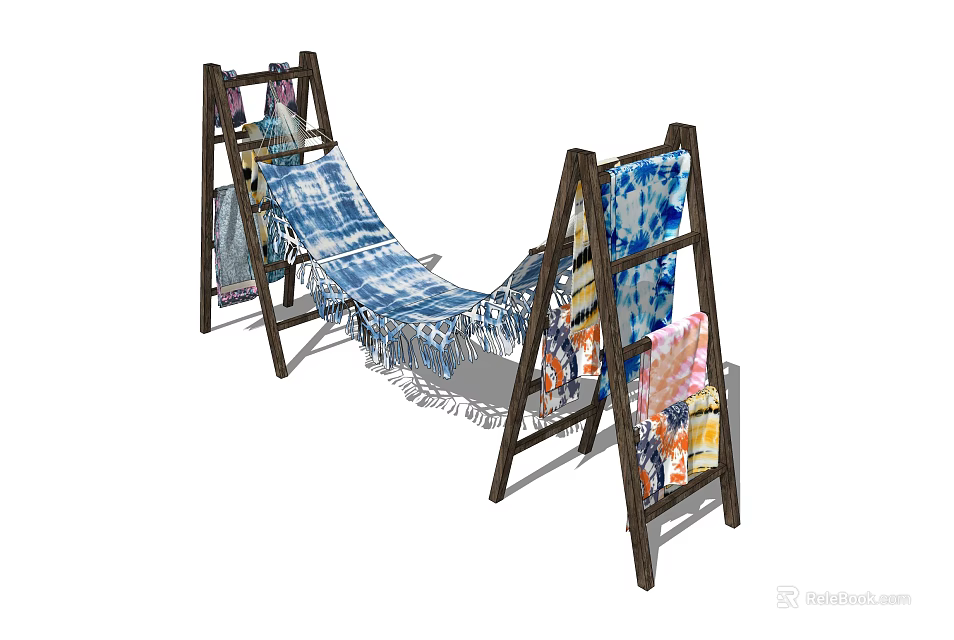 Fringed Hammock With Wooden Stand And Colorful Hanging Tapestries 3d model 