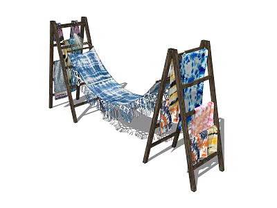 Fringed Hammock With Wooden Stand And Colorful Hanging Tapestries 3d model
