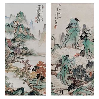 Chinese Landscape Painting Traditional Classic Landscape Pattern Hanging Painting Combination 3d model