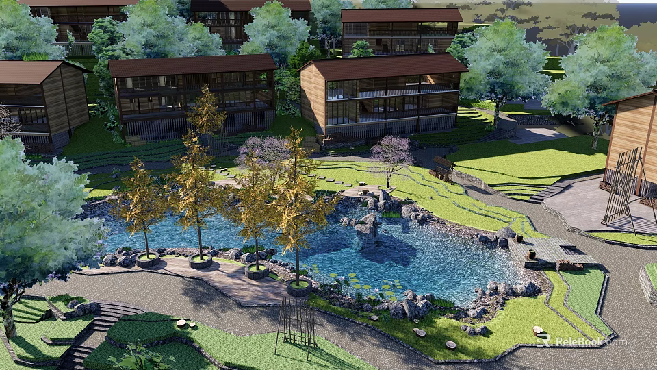 Traditional Wooden Guesthouse Buildings Surrounded By Trees Pond And Garden With Stone Pathways 3d model 