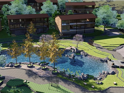 Traditional Wooden Guesthouse Buildings Surrounded By Trees Pond And Garden With Stone Pathways 3d model