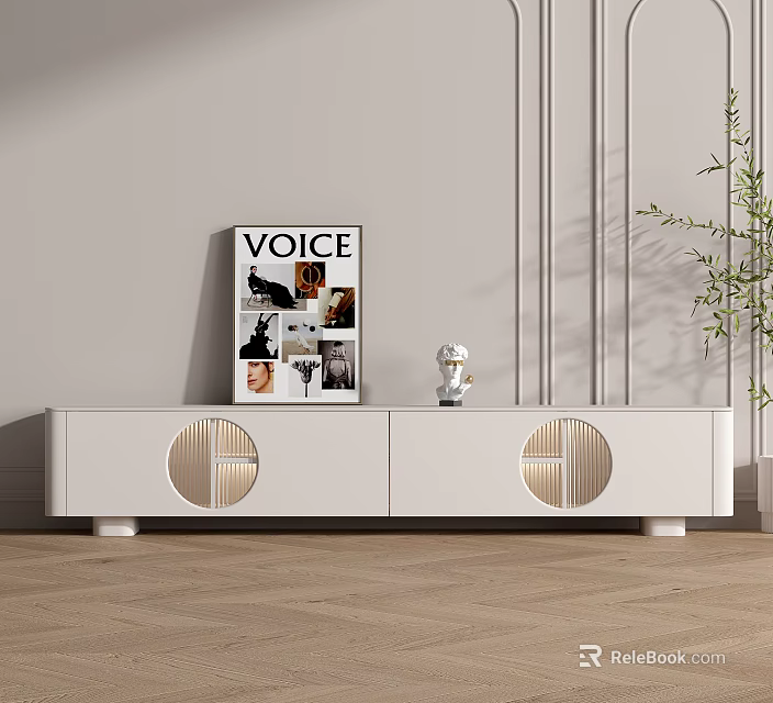 Modern White TV Stand with Circular Design Magazine Decor and Green Plant 3d model 