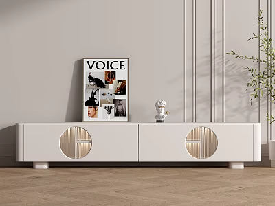 Modern White TV Stand with Circular Design Magazine Decor and Green Plant 3d model