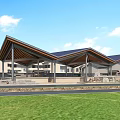 Public Building With Large Sloped Wooden Roof Open Area Grass Road Blue Sky White Clouds